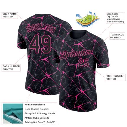 Custom 3D Black Pink Abstract Network Performance T-Shirt for Men and Women Personalized Black Pink 3D Abstract Network Performance