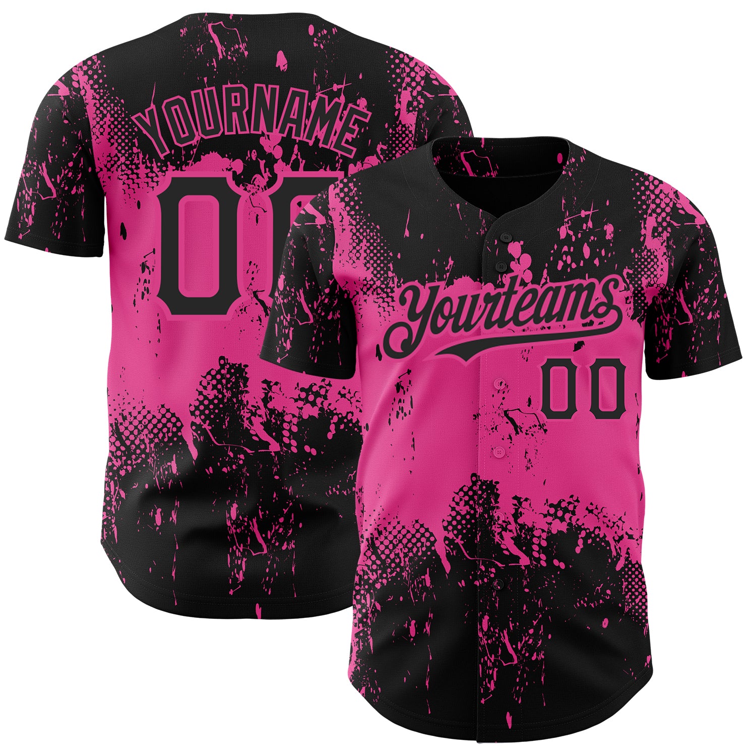 Personalized 3D Abstract Splatter Grunge Art Baseball Jersey in Black and Pink Personalized Black Pink 3D Abstract Splatter