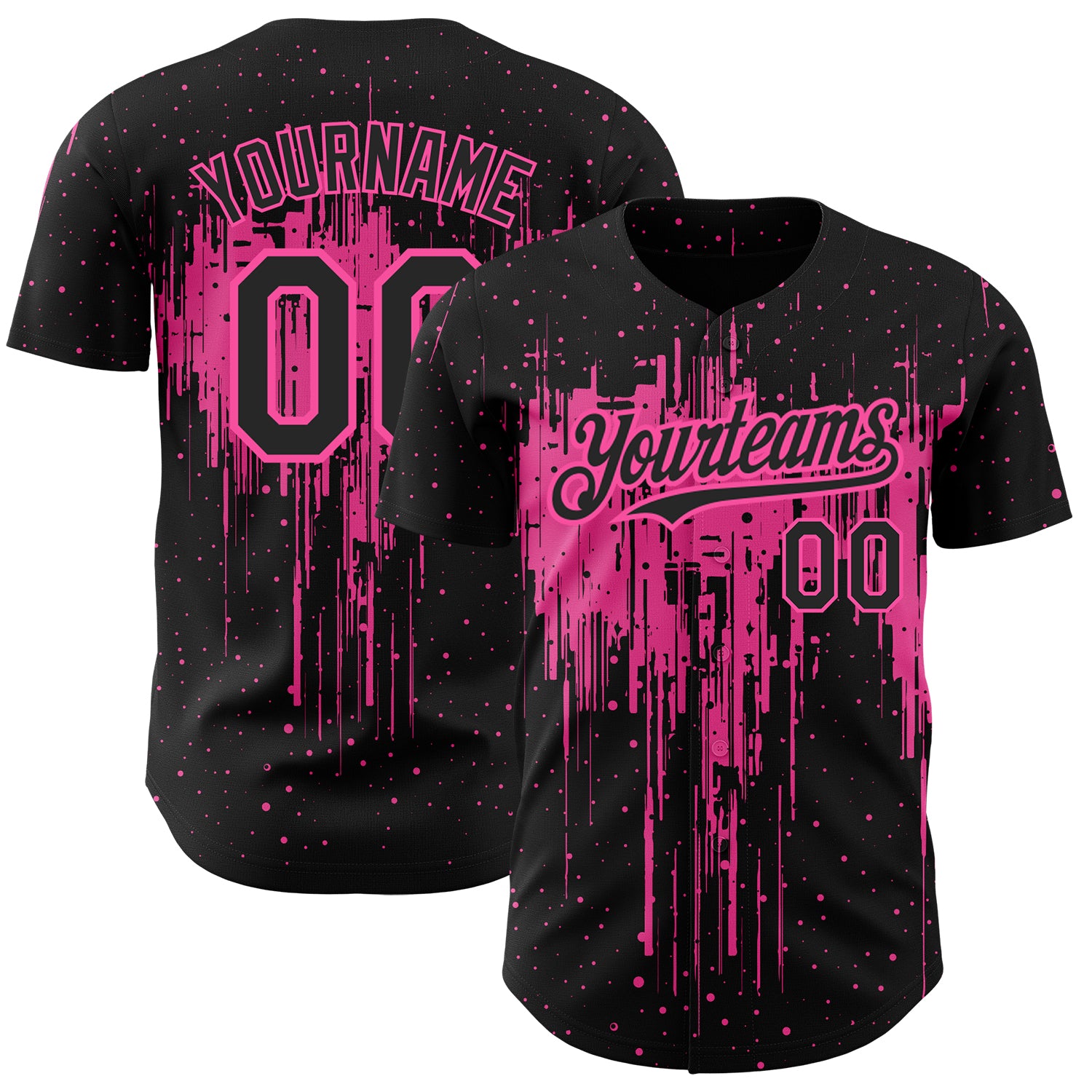 Personalized Black Pink 3D Baseball Jersey with Dripping Splatter Art Design Personalized Black Pink 3D Dripping Splatter
