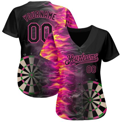 Personalized 3D Fiery Dart Board Baseball Jersey in Black and Pink for Sports Fans Personalized Black Pink 3D Fiery Dart