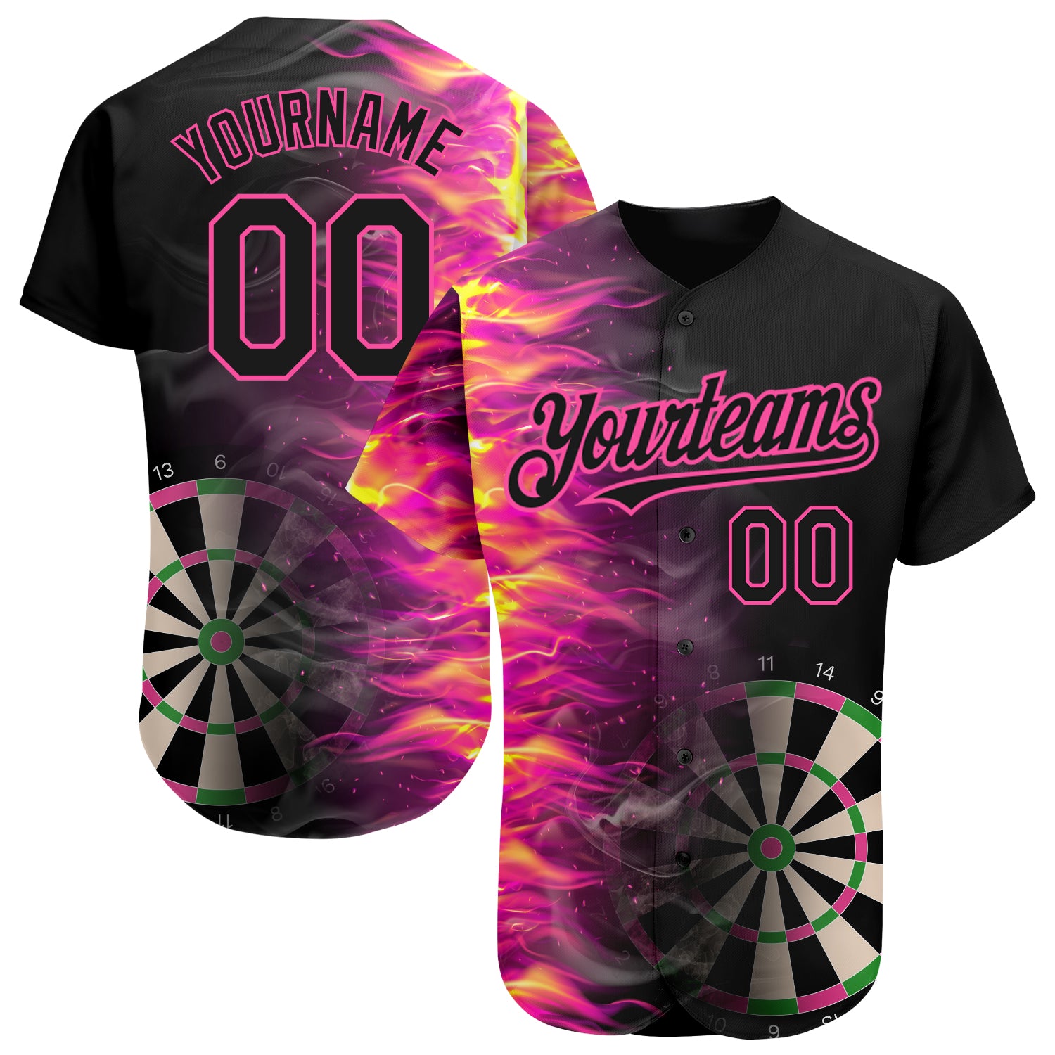 Personalized 3D Fiery Dart Board Baseball Jersey in Black and Pink for Sports Fans Personalized Black Pink 3D Fiery Dart