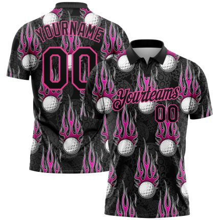 Personalized 3D Firefly Golf Polo Shirt in Black Pink for Performance Golf Personalized Black Pink 3D Firely Golf Ball Performance