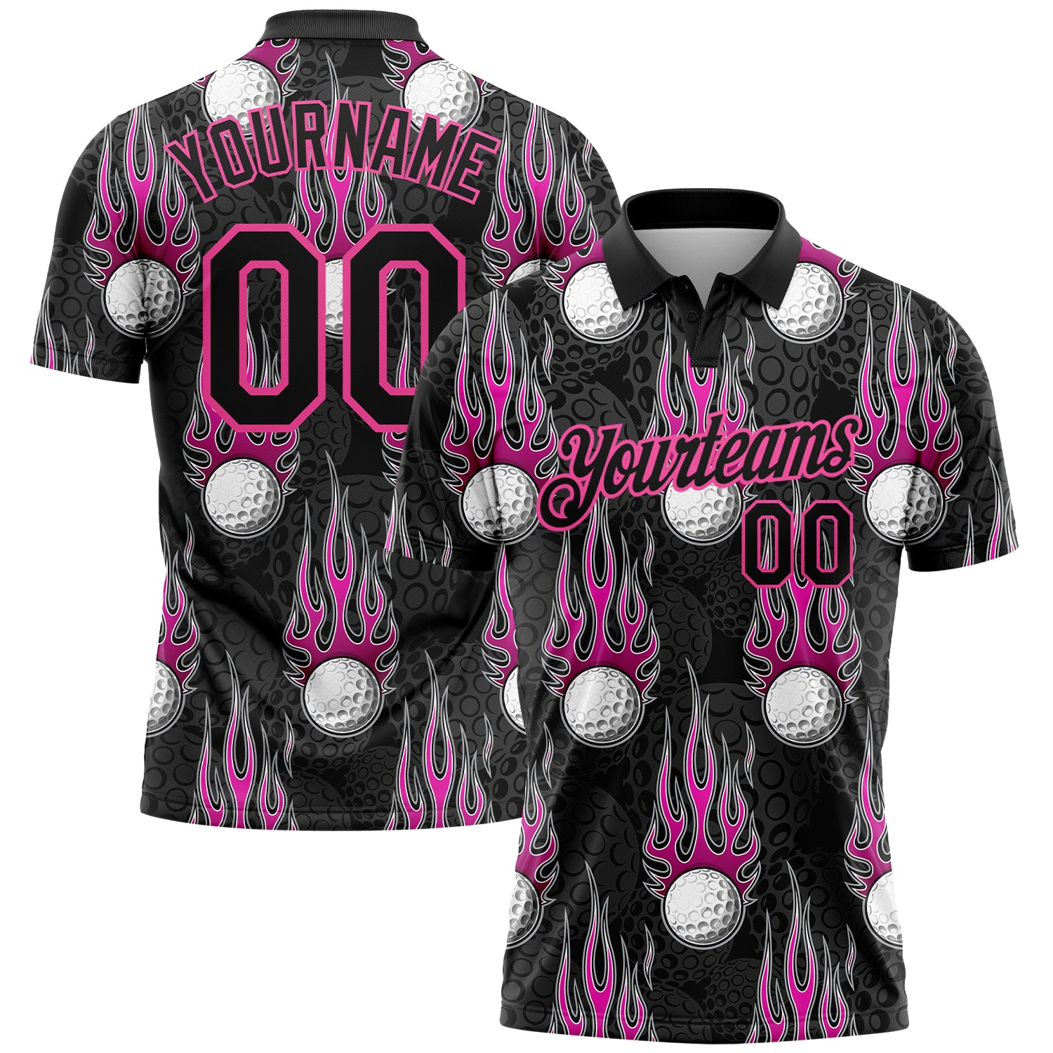 Personalized 3D Firefly Golf Polo Shirt in Black Pink for Performance Golf Personalized Black Pink 3D Firely Golf Ball Performance