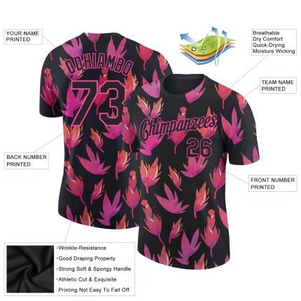 Personalized 3D Flower T-Shirt Black Pink for Performance Wear Personalized Black Pink 3D Flower Performance T-Shirt