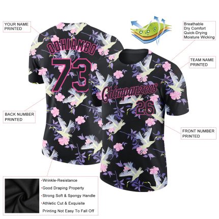 Personalized 3D Floral Crane T-Shirt - Black Pink Performance Tee for Unique Style Personalized Black Pink 3D Flowers And