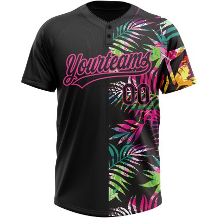 Personalized Black Pink 3D Tropical Palm Leaves Softball Jersey Unisex Two-Button Design Personalized Black Pink 3D Hawaii