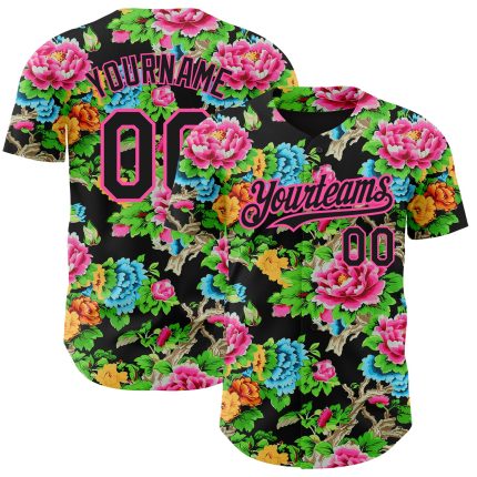 Personalized Big Flower Black Pink 3D Baseball Jersey for Northeast China Personalized Black Pink 3D Northeast China Big