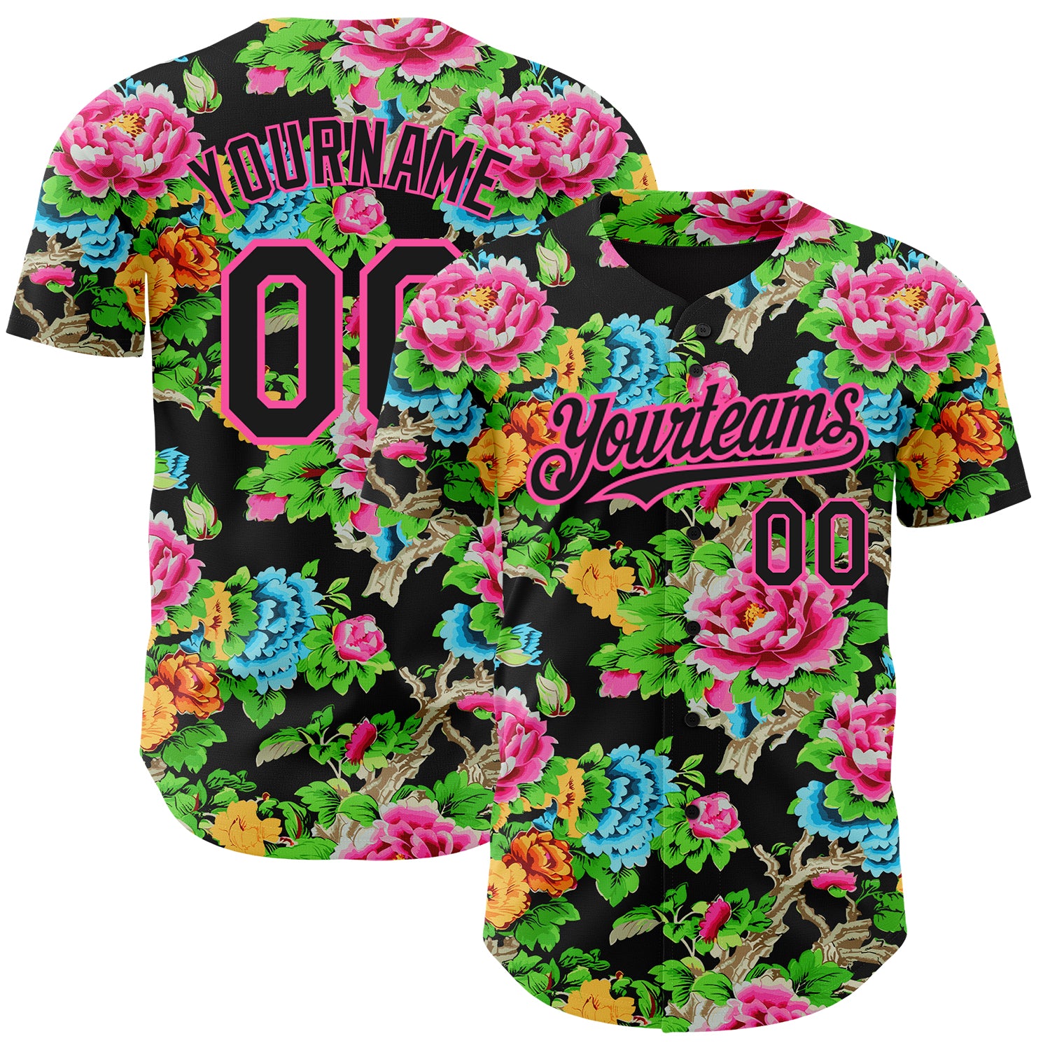 Personalized Big Flower Black Pink 3D Baseball Jersey for Northeast China Personalized Black Pink 3D Northeast China Big