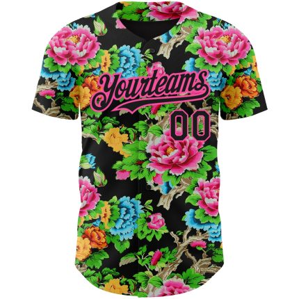 Personalized Big Flower Black Pink 3D Baseball Jersey for Northeast China Personalized Black Pink 3D Northeast China Big