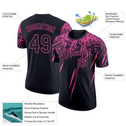 Custom Name & Number Abstract 3D Pattern Performance T-Shirt - Personalized Black Pink Sharp Shape Design Personalized Black