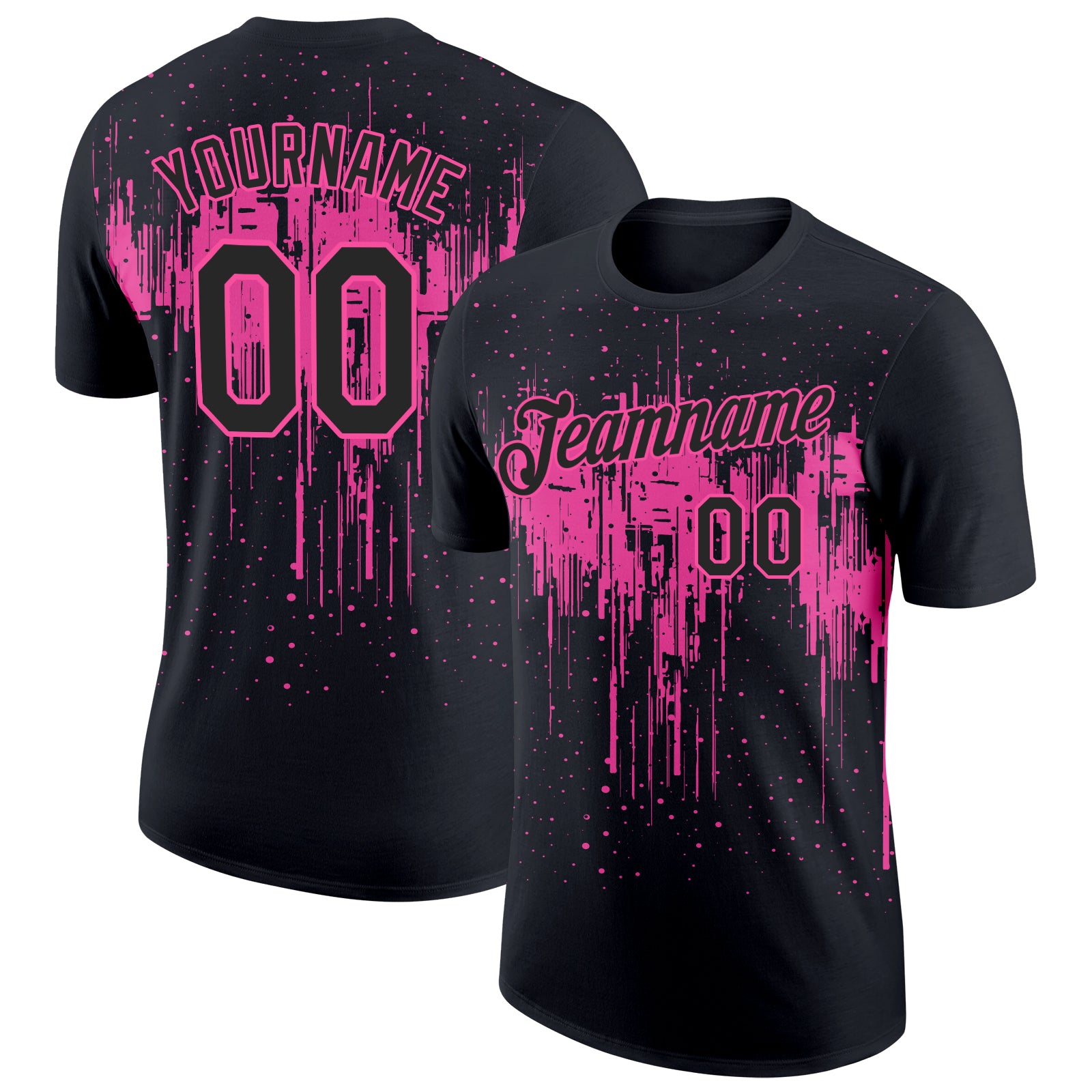 Custom Name and Number 3D Dripping Splatter Art T-Shirt - Personalized Black Pink Team Performance Shirt Personalized Black