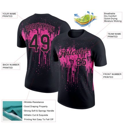 Custom Name and Number 3D Dripping Splatter Art T-Shirt - Personalized Black Pink Team Performance Shirt Personalized Black