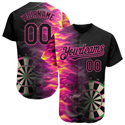 Custom Name and Number Personalized Black Pink 3D Fiery Dart Board Baseball Jersey Personalized Black Pink 3D Pattern Design