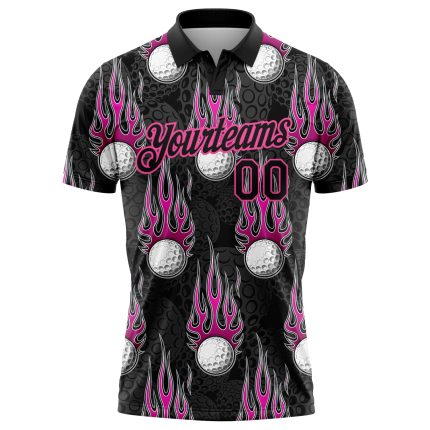 Custom Firely Golf Polo Shirt with Personalized Name & Number - Black Pink 3D Pattern Design Performance Golf Shirt Personalized