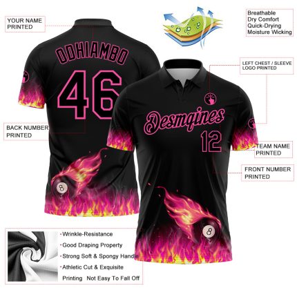 Custom Name Number Pink Black 3D Flame Design Billiards 8 Ball Performance Polo Shirt Personalized Black Pink 3D Pattern