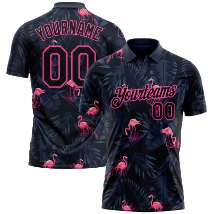 Custom Flamingo Golf Polo Shirt with Personalized Name & Number, Black Pink 3D Pattern Design - Performance Team Attire Personalized