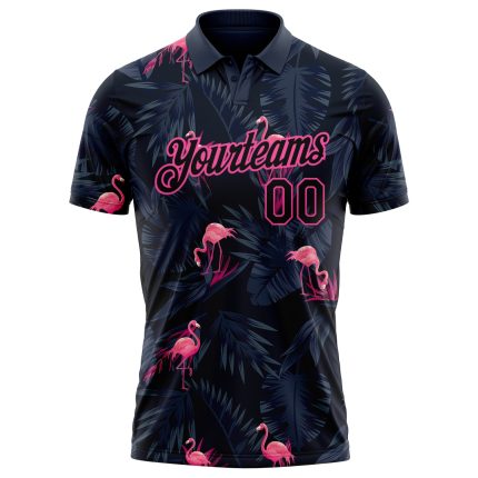 Custom Flamingo Golf Polo Shirt with Personalized Name & Number, Black Pink 3D Pattern Design - Performance Team Attire Personalized