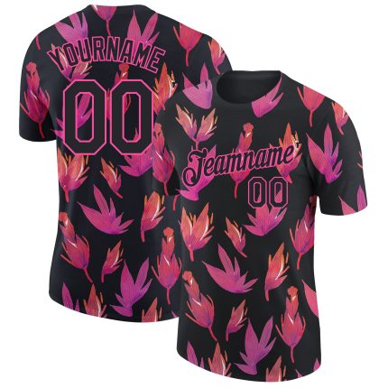 Personalized Team T-Shirt with Custom Name and Number - Black Pink 3D Flower Pattern Design Personalized Black Pink 3D Pattern