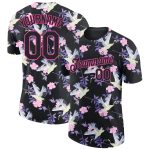 Custom Name and Number T-Shirt - Personalized Black Pink 3D Flowers and Crane Design Performance Tee Personalized Black Pink