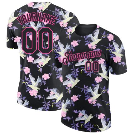 Custom Name and Number T-Shirt - Personalized Black Pink 3D Flowers and Crane Design Performance Tee Personalized Black Pink