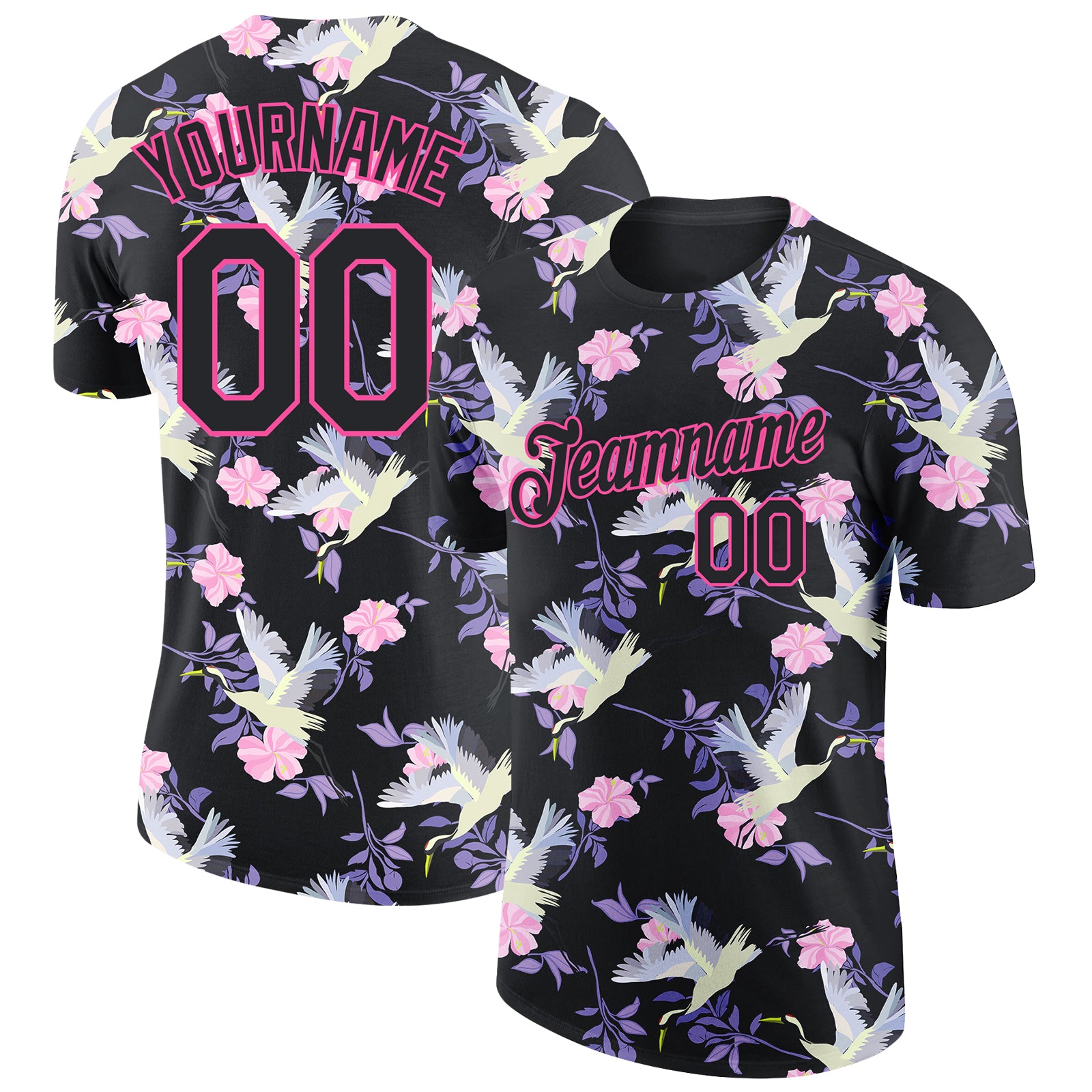 Custom Name and Number T-Shirt - Personalized Black Pink 3D Flowers and Crane Design Performance Tee Personalized Black Pink