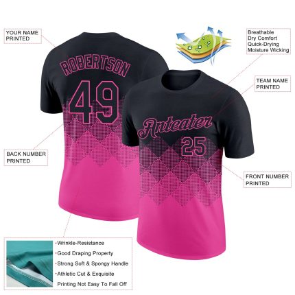 Custom Name and Number Personalized Black Pink 3D Gradient Performance T-Shirt with Square Pattern Design Personalized Black