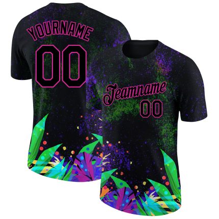 Custom Name and Number Holi Festival T-Shirt - Personalized Black Pink 3D Pattern Design Performance Tee Personalized Black