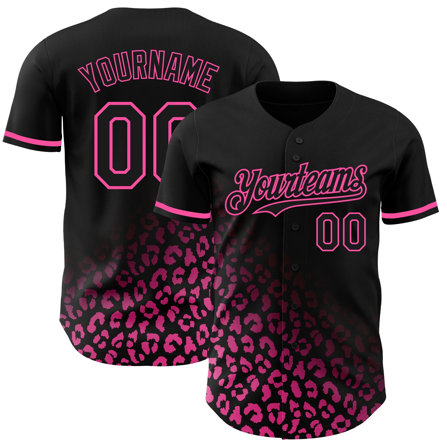 Custom Leopard Print Fade Baseball Jersey - Personalized Black Pink 3D Pattern with Team Name & Number Personalized Black