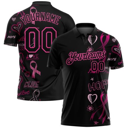 Breast Cancer Awareness Pink Ribbon Golf Polo Shirt for Women - Personalized Black Pink 3D Pattern Design Performance Wear