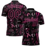 Personalized Breast Cancer Awareness Golf Polo Shirt for Women - Pink Ribbon 3D Pattern with Custom Name and Number Personalized