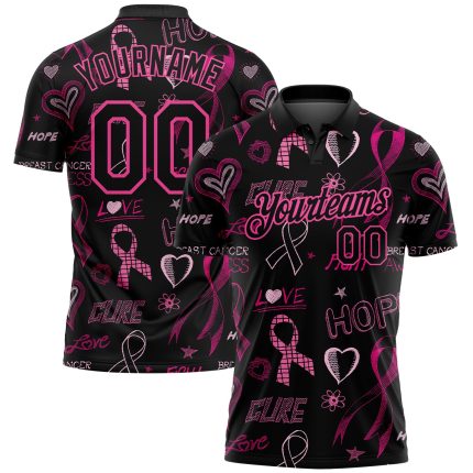 Personalized Breast Cancer Awareness Golf Polo Shirt for Women - Pink Ribbon 3D Pattern with Custom Name and Number Personalized