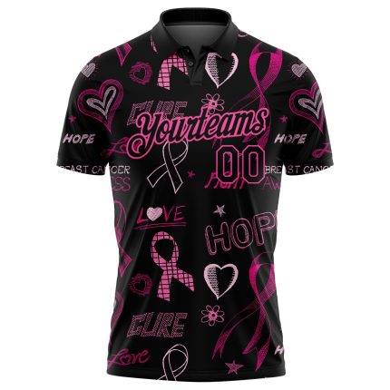 Personalized Breast Cancer Awareness Golf Polo Shirt for Women - Pink Ribbon 3D Pattern with Custom Name and Number Personalized