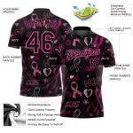 Personalized Breast Cancer Awareness Golf Polo Shirt for Women - Pink Ribbon 3D Pattern with Custom Name and Number Personalized