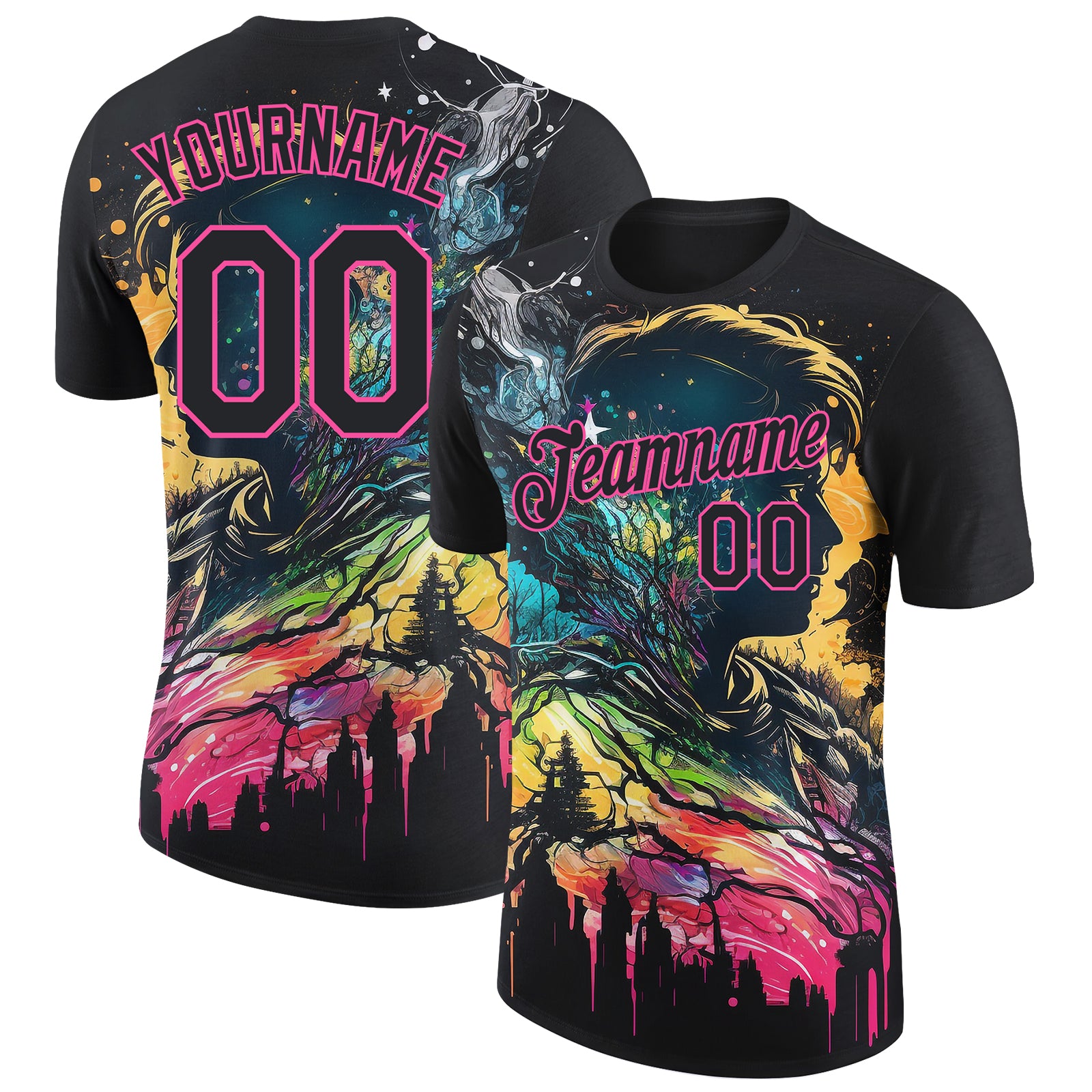 Custom Name and Number 3D Pattern Design Black Pink Rave Art T-Shirt - Dripping Splatter Performance Tee Personalized Black