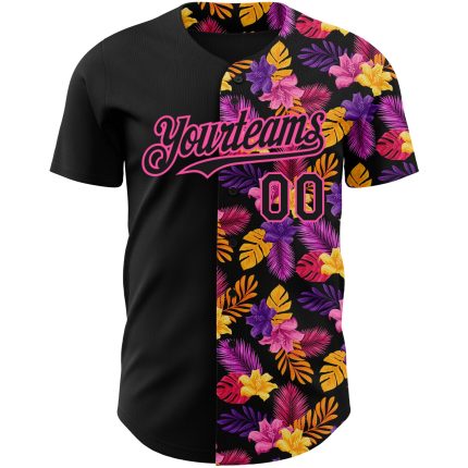 Personalized Tropical Flower and Hawaii Palm Leaves 3D Pattern Black Pink Baseball Jersey Personalized Black Pink 3D Pattern
