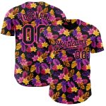 Custom Name 3D Tropical Flower Black Pink Baseball Jersey with Hawaii Palm Leaves - Authentic Team Design Personalized Black