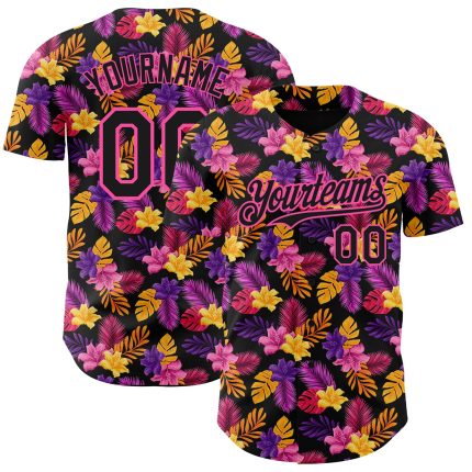 Custom Name 3D Tropical Flower Black Pink Baseball Jersey with Hawaii Palm Leaves - Authentic Team Design Personalized Black