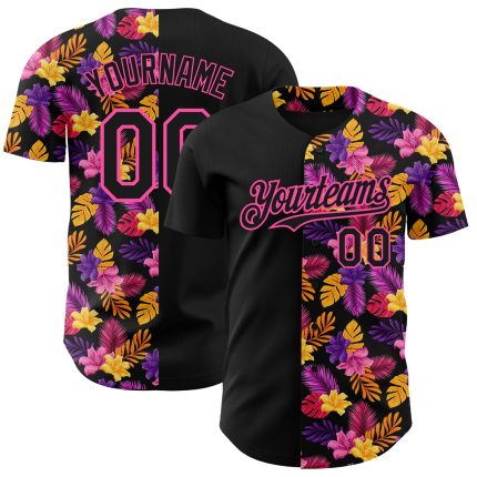 Personalized Tropical Flower and Hawaii Palm Leaves 3D Pattern Black Pink Baseball Jersey Personalized Black Pink 3D Pattern