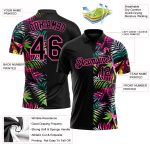 Personalized Performance Polo Shirt with Black Pink 3D Tropical Palm Leaves Design, Custom Name and Number Personalized Black