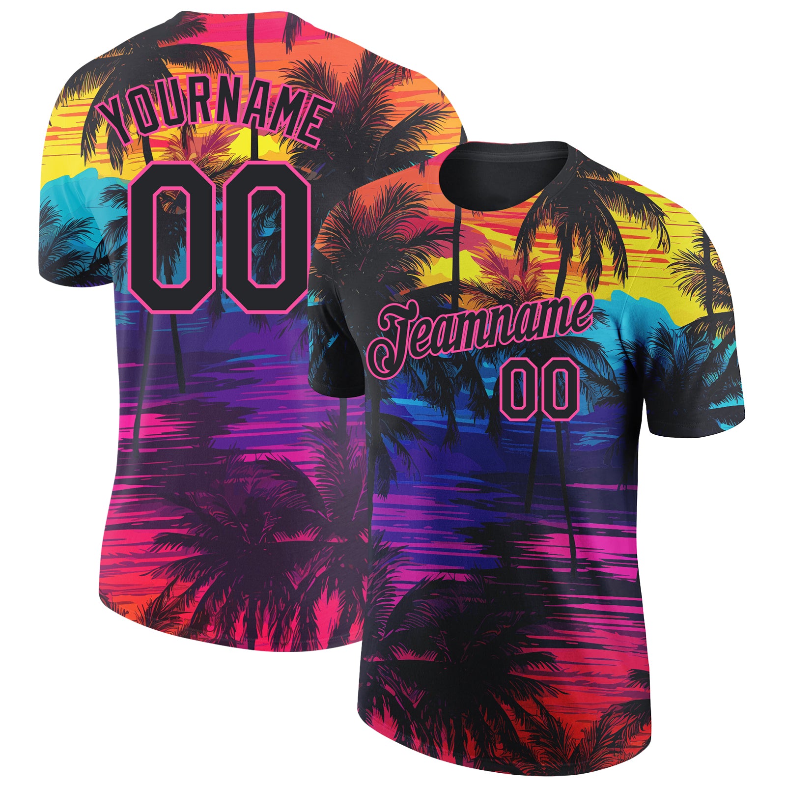 Custom Name and Number Tropical Hawaii Palms 3D Pattern T-Shirt for Team - Personalized Black Pink Performance Tee Personalized