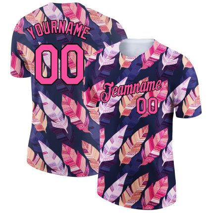 Custom Name and Number Tropical Palm Leaf Performance T-Shirt - Personalized Black Pink 3D Pattern Design Personalized Black