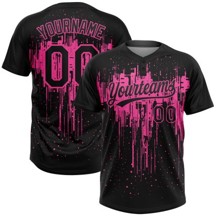 Custom Name and Number Softball Jersey for Teams, Unisex Black Pink 3D Dripping Splatter Art, Two-Button Design Personalized