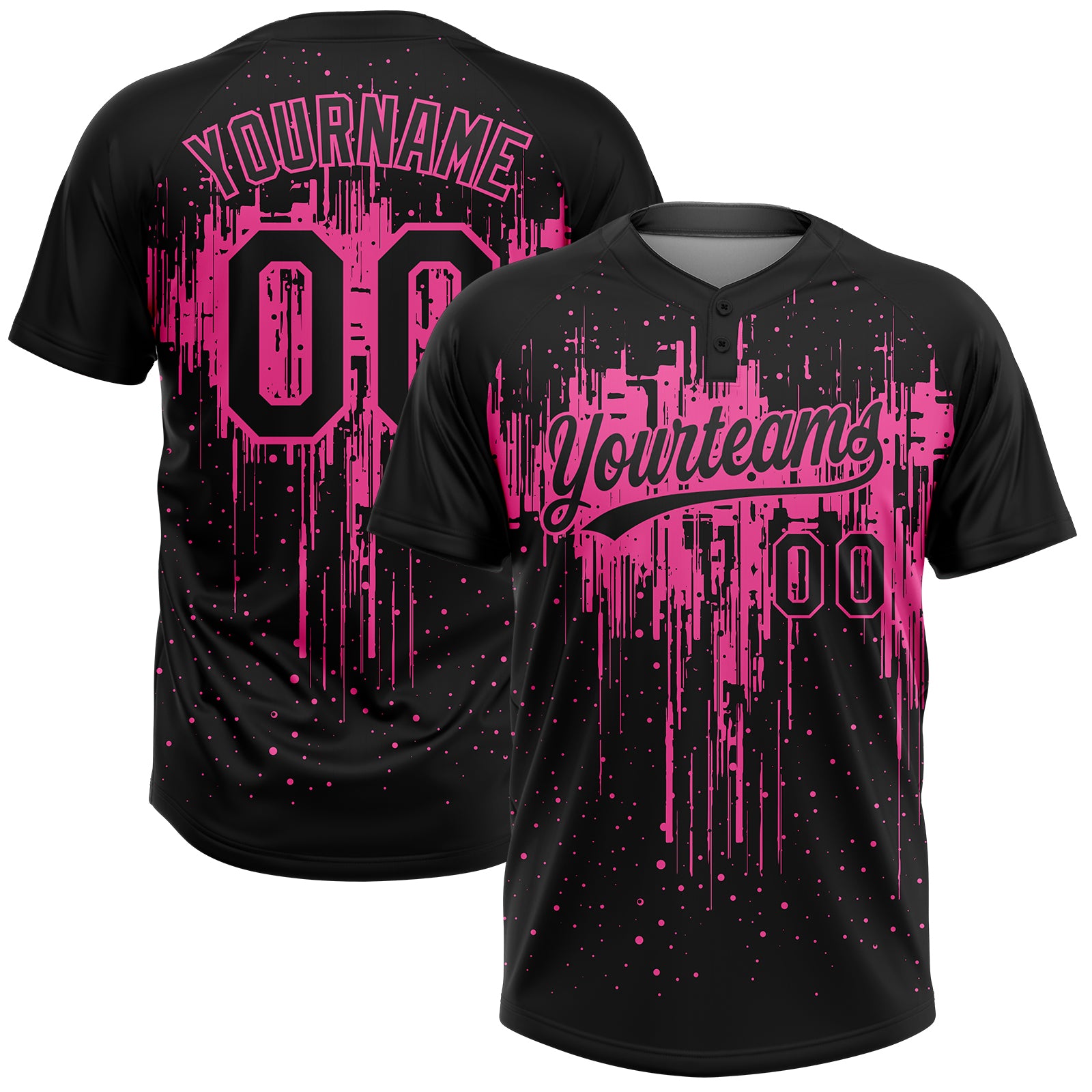 Custom Name and Number Softball Jersey for Teams, Unisex Black Pink 3D Dripping Splatter Art, Two-Button Design Personalized