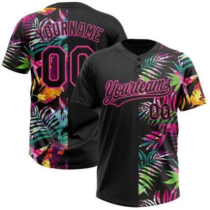 Custom Name Number Softball Jersey Unisex Hawaii Tropical Palm Leaves Black Pink 3D Pattern Two-Button Design Personalized