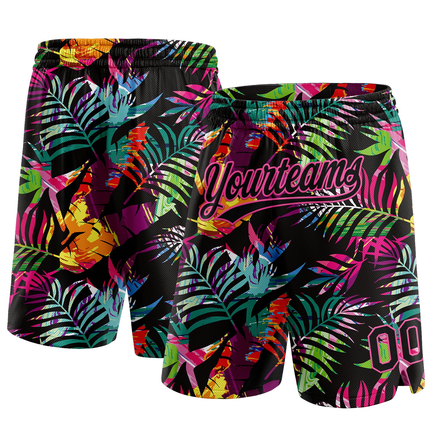 Custom Name and Number Personalized Black Pink Tropical Palm Leaves Basketball Shorts 3D Pattern Personalized Black Pink