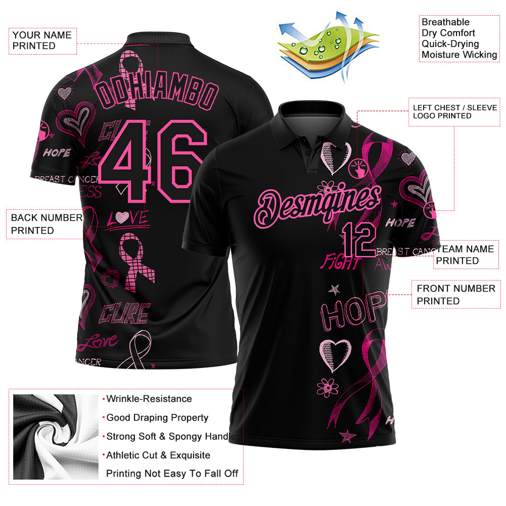 Personalized Black Pink 3D Pink Ribbon Breast Cancer Awareness Month Women Health Care Support Performance Golf Polo Shirt 2 Personalized Pink Ribbon Breast Cancer Awareness Golf Polo Shirt for Women - Support Health Care Performance Apparel Personalized - Image 3