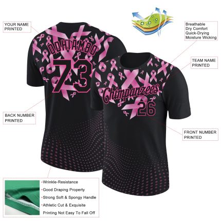 Personalized Breast Cancer Awareness 3D Pink Ribbon Heart T-Shirt - Black Pink Performance Shirt Personalized Black Pink