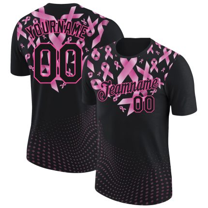 Personalized Breast Cancer Awareness 3D Pink Ribbon Heart T-Shirt - Black Pink Performance Shirt Personalized Black Pink