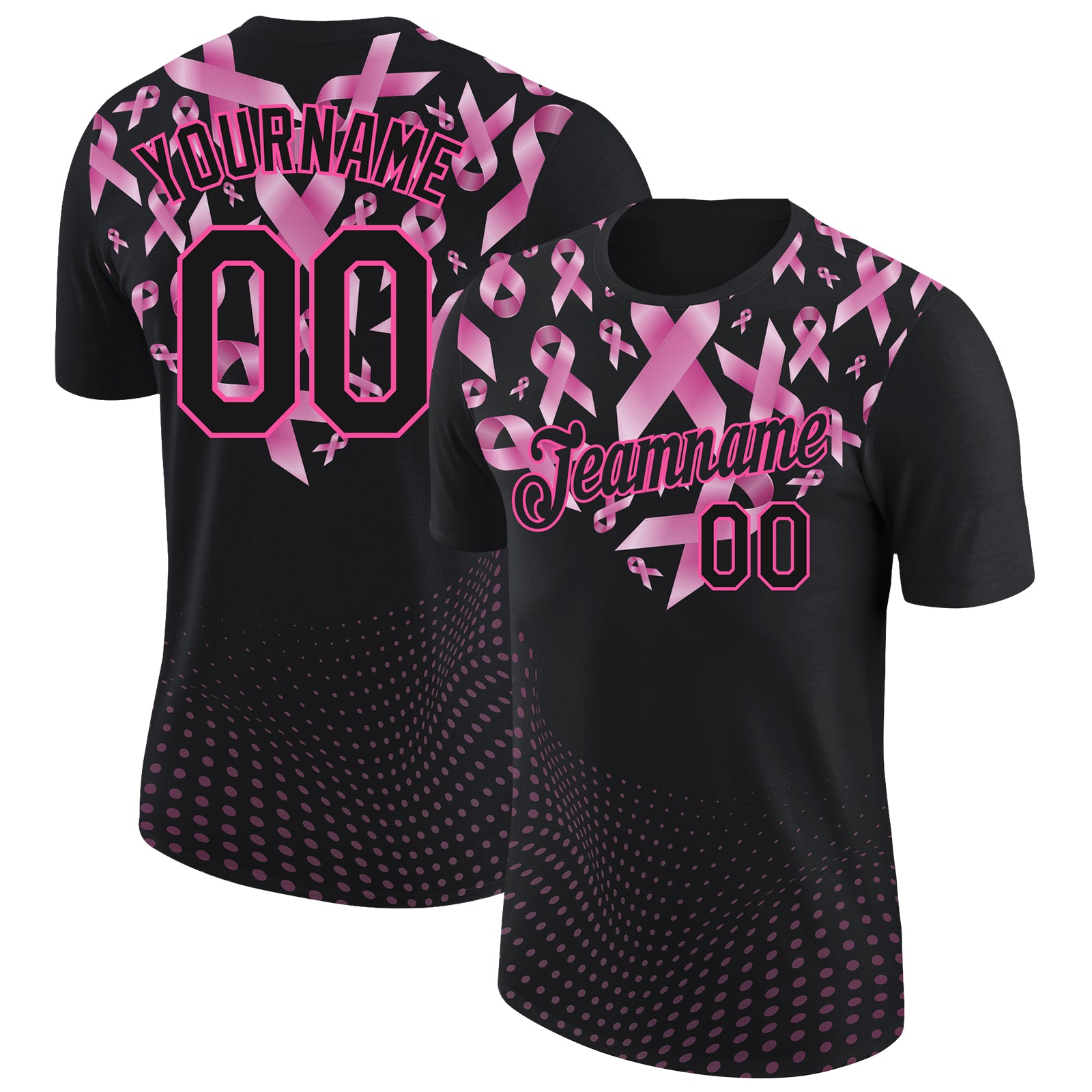 Personalized 3D Pink Ribbon Breast Cancer T-Shirt with Custom Name & Number - Black Pink Heart Performance Shirt Personalized