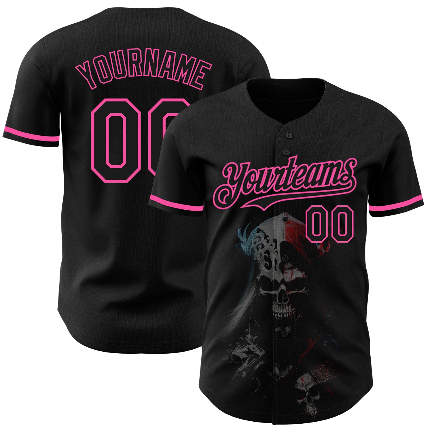 Custom Name and Number Black Pink 3D Skull Fashion Baseball Jersey - Personalized Team Apparel Personalized Black Pink 3D